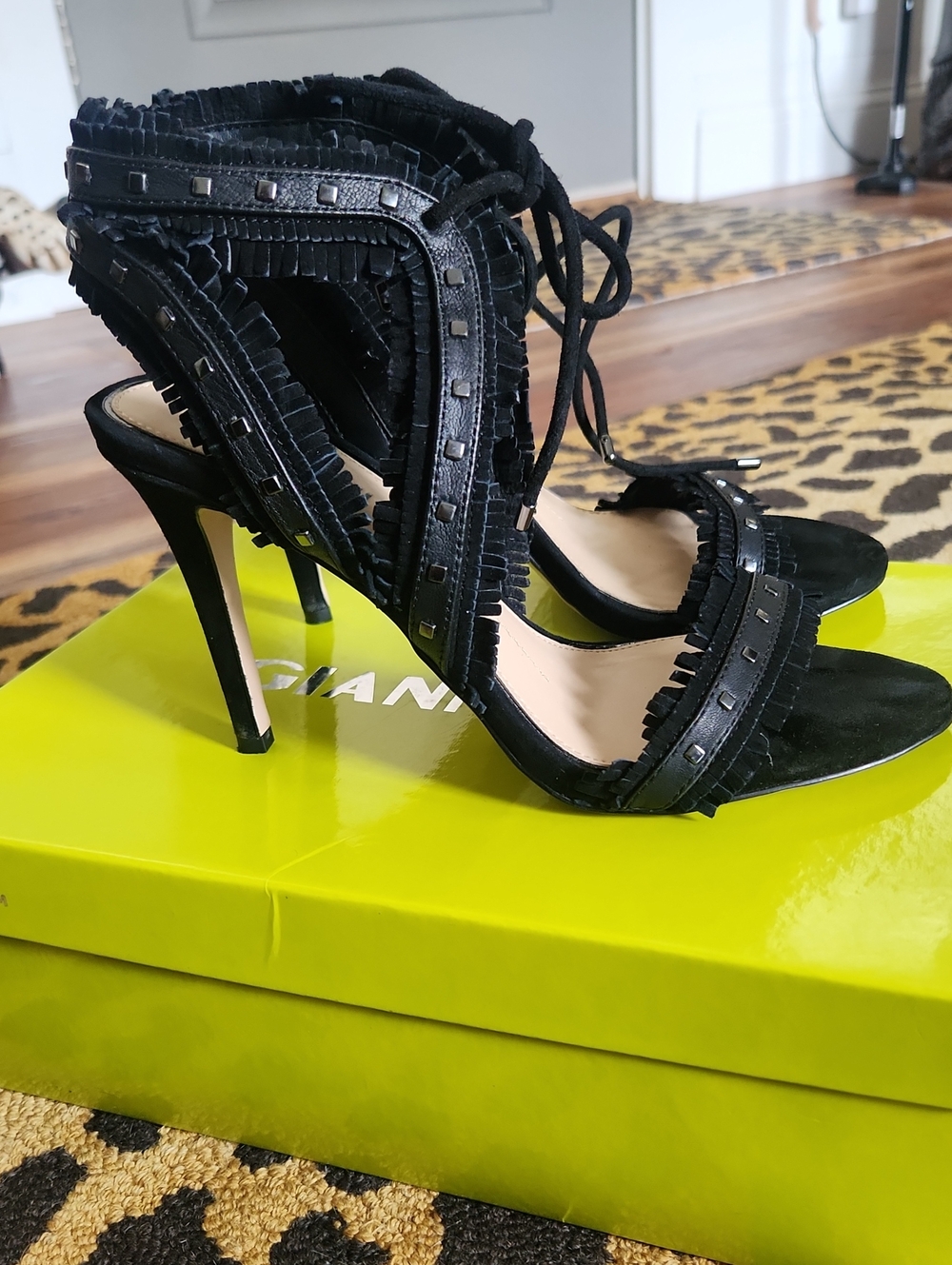 Gianni Bini Black Fringe Lace-Up Heels